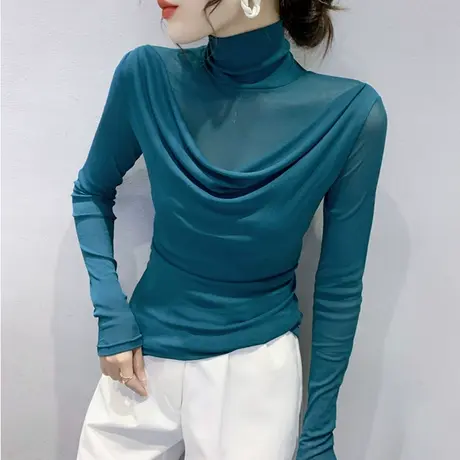 高领打底衫女春秋2024新款时尚网纱长袖T恤修身加绒百搭洋气上衣商品大图