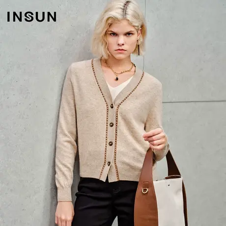 INSUN恩裳专选秋季羊毛门襟撞色针织衫商品大图