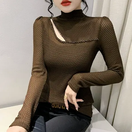半高领打底衫女秋冬2024新款性感镂空蕾丝上衣时尚钉珠T恤长袖ins商品大图