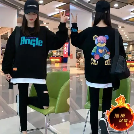 加绒长袖卫衣女秋款2023新款宽松韩版胖mm显瘦藏肉遮肚子印花上衣商品大图