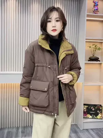 冬季新款韩版撞色收腰棉衣外套女立领洋气宽松显瘦立领棉服上衣潮商品大图