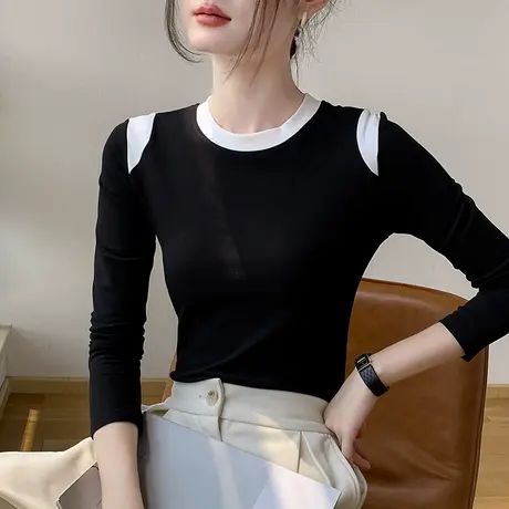 撞色拼接圆领长袖T恤女2023秋新款设计感弹力修身正肩百搭打底衫商品大图