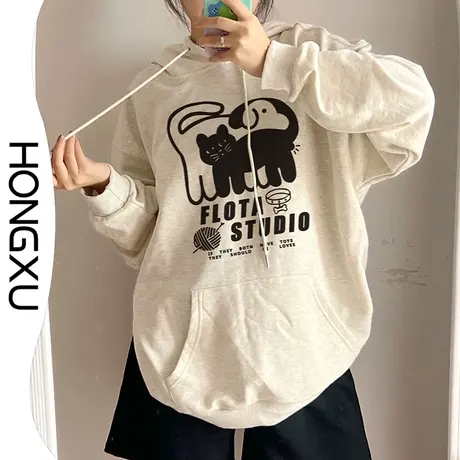 红续秋冬简约原宿风印花上衣连帽新款oversize显瘦百搭卫衣女加厚商品大图