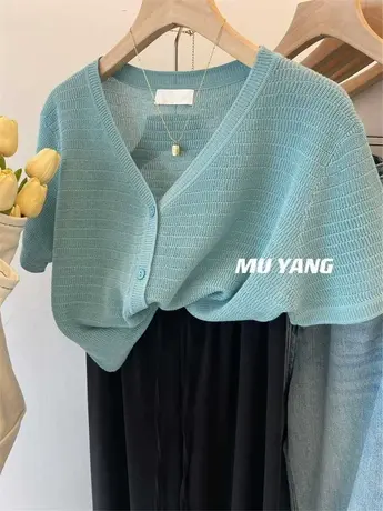 夏季一件凉爽的短袖开衫 抗起球冰丝纯色v领针织衫开衫套头上衣服商品大图