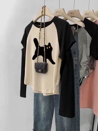 秋冬断袖韩系上衣chic复古长袖T恤女大码潮ins插肩撞色内搭打底衫图片