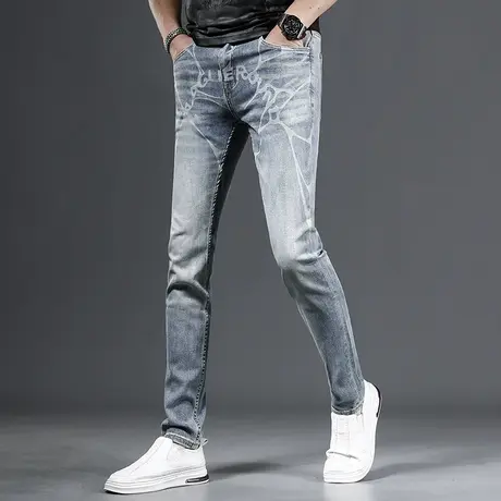 春季牛仔裤男2023新款浅蓝色时尚印花修身小脚弹力百搭休闲裤子男商品大图