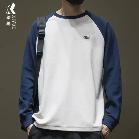 秋冬拼接撞色长袖T恤男300g重磅刺绣打底衫大码宽松套头内搭男装商品大图