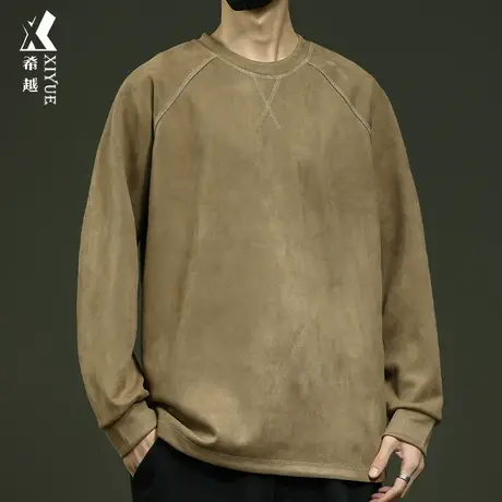 350g麂皮绒插肩袖卫衣男冬季重磅保暖宽松大码男士辑明线套头上衣商品大图