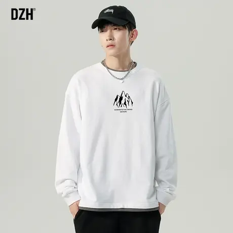 男生白色假两件t恤男长袖印花圆领卫衣秋季打底衫上衣2023年新款商品大图