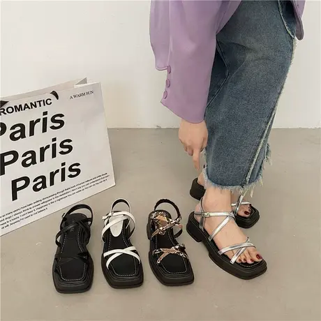 粗跟凉鞋女2024年夏季新款夏款高跟厚底时尚复古方头银色沙滩鞋潮商品大图