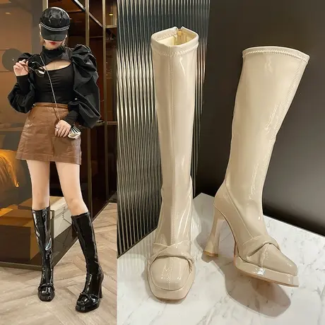 长筒靴女2023年秋季新款潮流时尚百搭复古方头细跟法式瘦瘦高跟靴商品大图