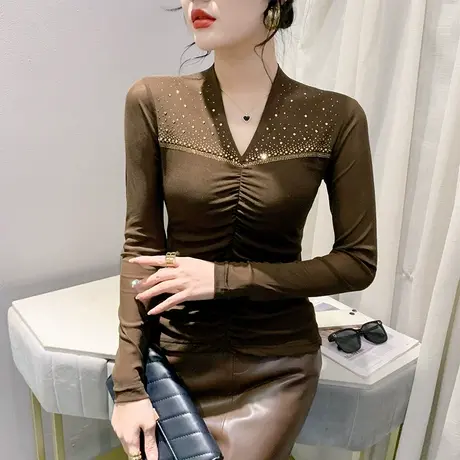 性感网纱烫钻拼接T恤女长袖时尚褶皱V领上衣洋气修身百搭打底衫潮商品大图