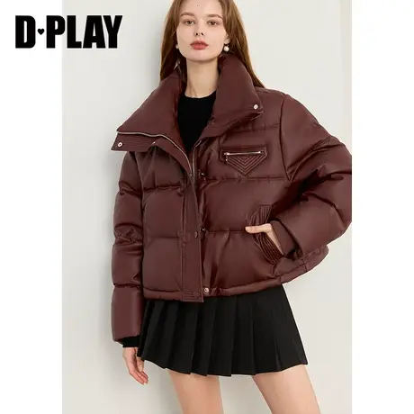 DPLAY冬气质松露红免洗PU皮宽松短款羽绒服加厚保暖外套商品大图