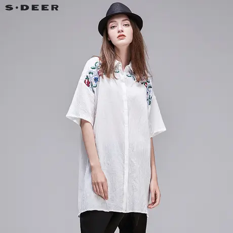 sdeer圣迪奥2019夏装纯色愫白绣花宽松短袖衬衫S17280454图片
