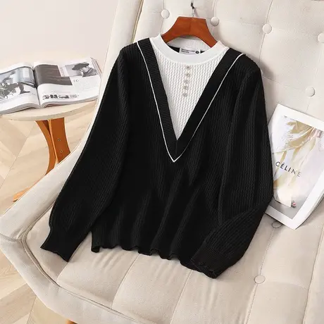 伊自尚2024年新款大码女装胖mm春季时尚洋气假两件V领撞色针织衫商品大图