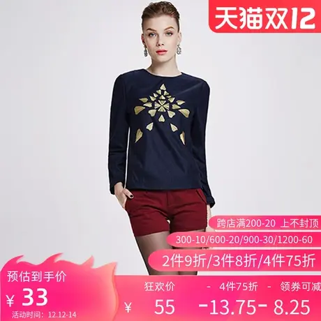 【断码S】秋水伊人长袖T恤女套头冬季新金线绣花针织上衣F355图片