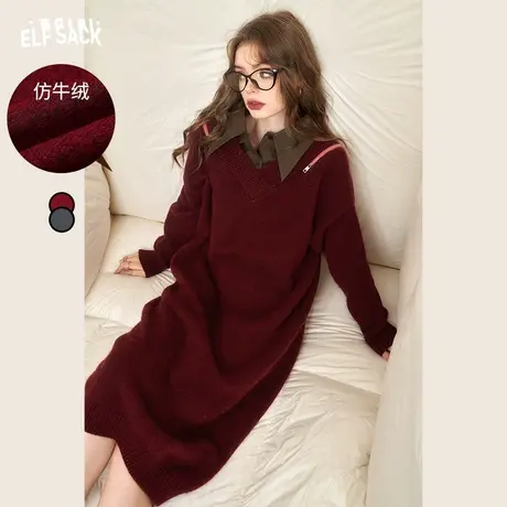 妖精的口袋拼接衬衫长袖连衣裙女2024早春新款打底内搭针织长裙图片