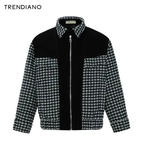TRENDIANO官方千鸟格拼接牛仔外套2023年冬季新款宽松翻领上衣男图片