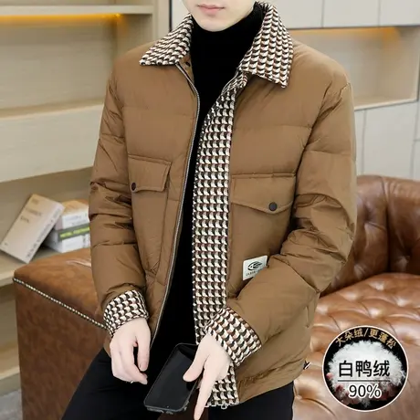 冬装拼接黑金羽绒服男士短款冬季格子加厚保暖外套潮牌翻领防寒服图片