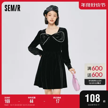 森马连衣裙女丝绒泡泡袖小黑裙优雅2022秋季新款蝴蝶结裙子赫本风图片