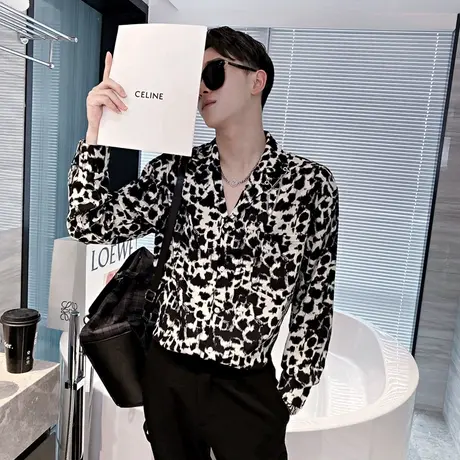 秋季男衬衫长袖衬衣豹纹修身潮流发型师百搭时尚休闲ins花色上衣商品大图