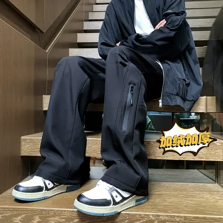 加绒加厚冲锋休闲裤子男春秋季新款ins拉链重磅潮流直筒拖地长裤商品大图