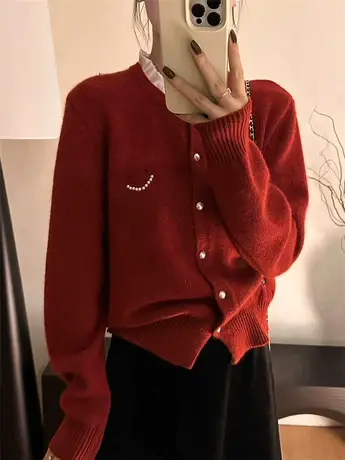 钉珠木耳边羊毛针织开衫女欧洲站冬装2024新款欧货女装毛衣外套潮商品大图