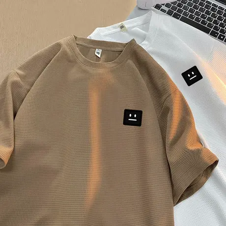 笑脸贴标华夫格短袖男夏季重磅美式复古运动上衣潮牌T恤休闲体恤商品大图