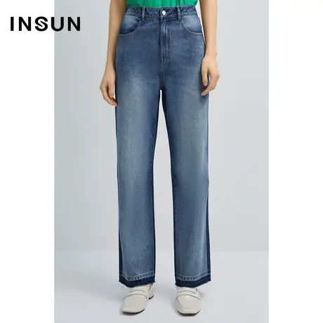 INSUN恩裳秋季纯棉毛边裤脚百搭牛仔裤商品大图