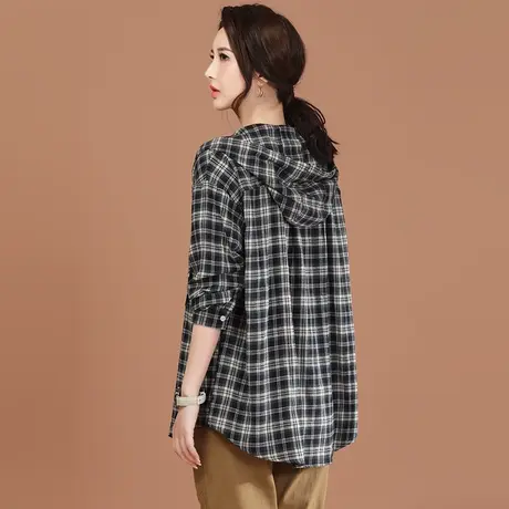 【1月17日春装上新7.8折】连帽格子中长款外套女宽松休闲棒球服图片