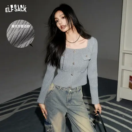 妖精的口袋修身短款针织开衫女2024早春新款灰色设计感内搭打底衫商品大图