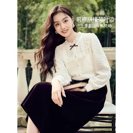 【千金风专场】香影立领蕾丝衬衫女长袖2023秋冬季新款米白重工商品大图