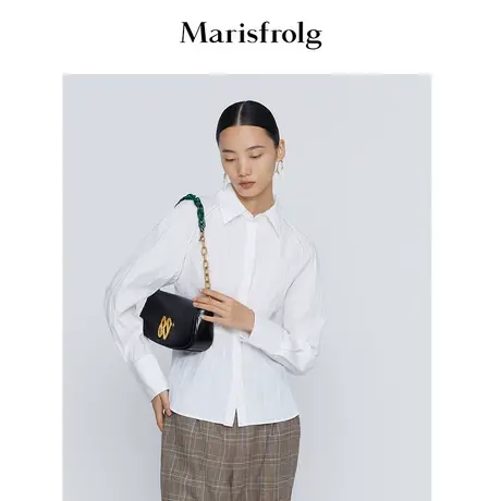 【商场同款】玛丝菲尔春季新款设计感白色POLO领长袖衬衫商品大图