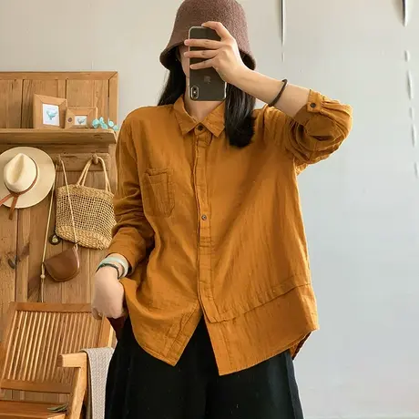 dza 复古拼接双层纱polo领长袖衬衫女2024早春短上衣宽松口袋衬衣商品大图