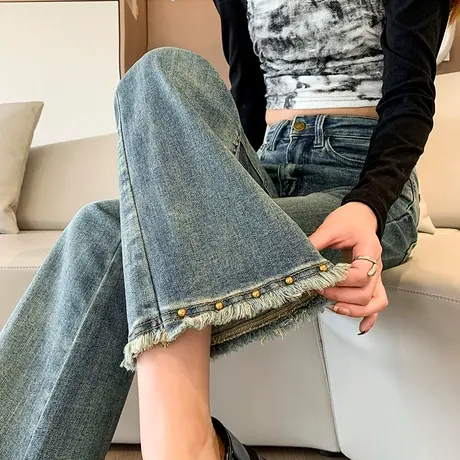 微喇牛仔裤女春秋2024年新款复古显瘦高腰小个子马蹄毛边喇叭裤子商品大图