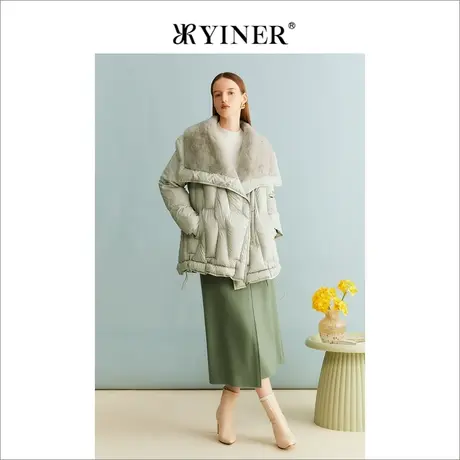 【白鹅绒】YINER音儿女装冬季厚实保暖水貂毛领收腰短款羽绒服商品大图