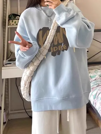 国潮美式卫衣加绒hiphop潮牌圆领外套ins冬季大码高级感浅蓝上衣商品大图