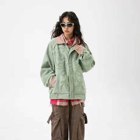 美式复古设计感绒面发泡外套女春秋2024新款拼接情侣夹克宽松上衣商品大图