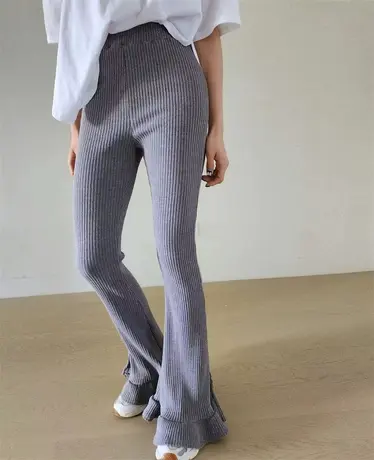 韩国东大门2024春秋新款荷叶边喇叭裤开叉显瘦针织衫弹力休闲裤女商品大图