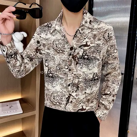 高级感韩版潮牌印花衬衫男士休闲长袖垂感衬衣网红痞帅打底上衣服图片