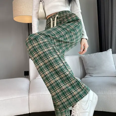 复古绿色格子裤女春秋新款高腰显瘦直筒宽松慵懒休闲裤阔腿拖地裤图片