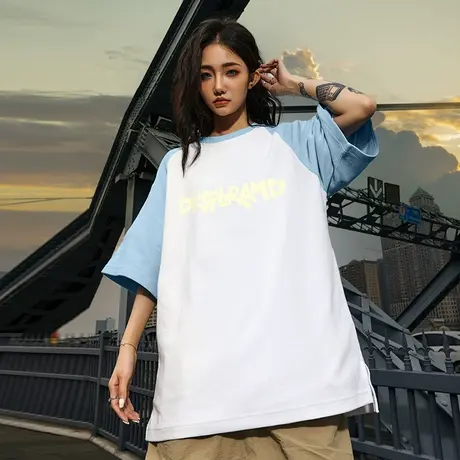 撞色插肩美式街头字母短袖华夫格男t恤潮牌宽松潮流拼接半袖夏季图片