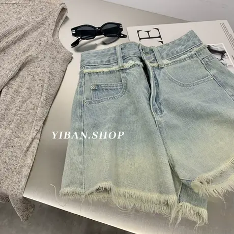 渐变水洗复古毛边牛仔短裤女2024夏季设计感洋气百搭高腰阔腿热裤商品大图