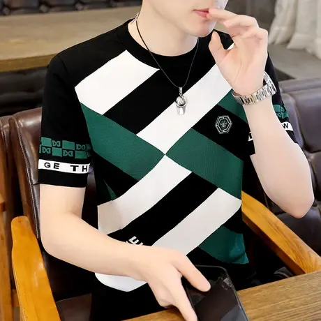 设计感潮牌撞色格子短袖t恤男士欧货烫钻痞帅气夏装半袖冰丝衣服商品大图