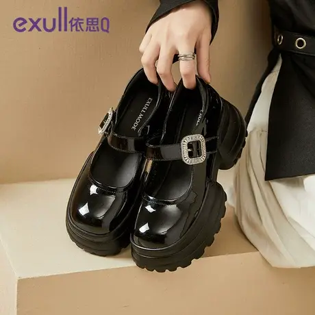 exull/依思Q黑色玛丽珍鞋女2024年新款小皮鞋高跟鞋浅口粗跟单鞋图片