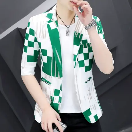 2022新款夏季七分袖西服男潮流印花外套发型师个性帅气韩版小西装商品大图