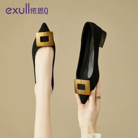 依思Q浅口方扣单鞋女粗跟2024年春秋季新款欧美风潮流一脚蹬女鞋商品大图