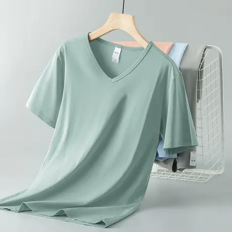 莫代尔冰丝短袖t恤男装夏季V领纯色上衣服凉感透气速干半袖体恤衫商品大图