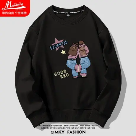 欧美潮牌高街圆领卫衣男2023秋季新款黑色薄款青少年宽松百搭长袖图片