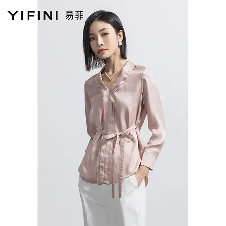 Yifini/易菲双层V领宽松休闲衬衫女2023春秋新款套头系带收腰上衣商品大图
